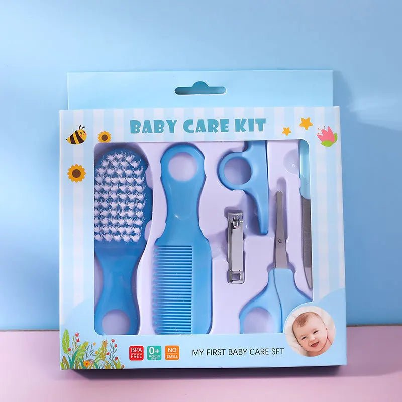 Baby care kit packaging with blue tools on a light blue background