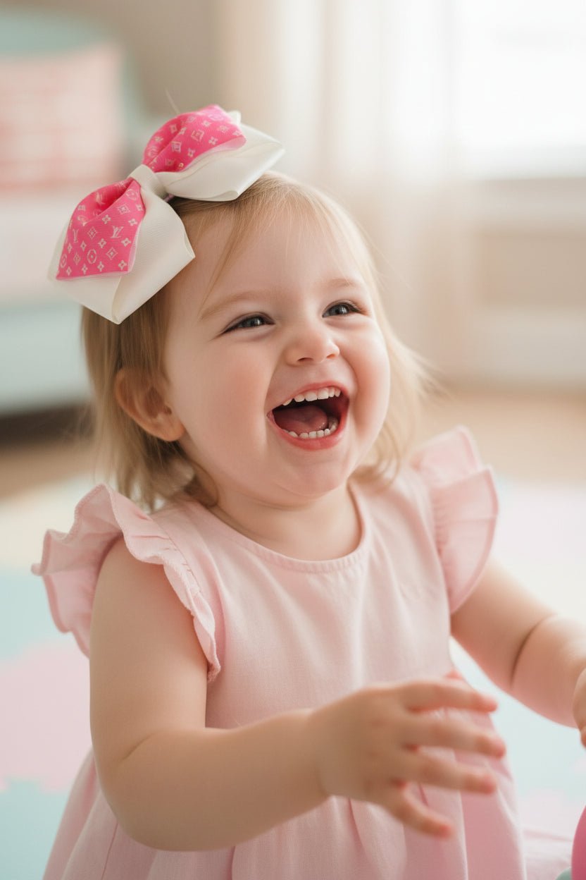 Pink and white bow on a laughing baby girl head