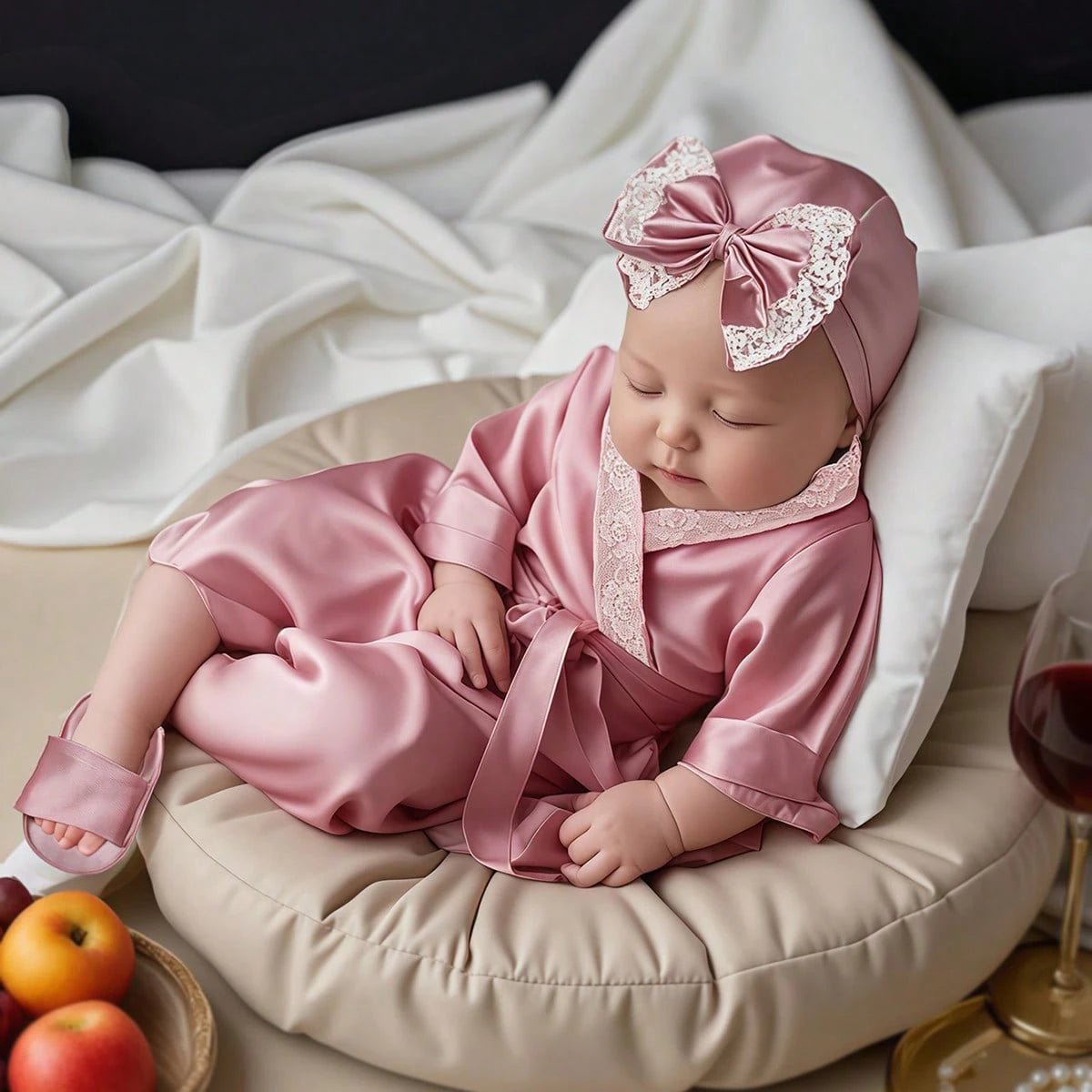 Baby in pink outfit with large bow sitting on a cushion