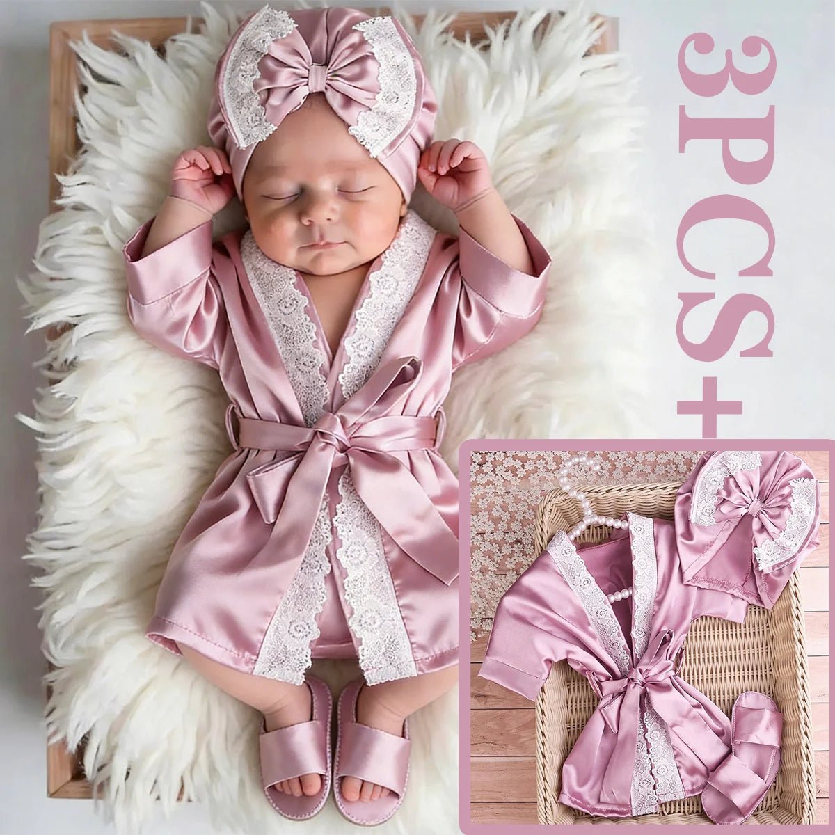 Baby in pink satin outfit with matching headband on a fluffy white surface, with text &