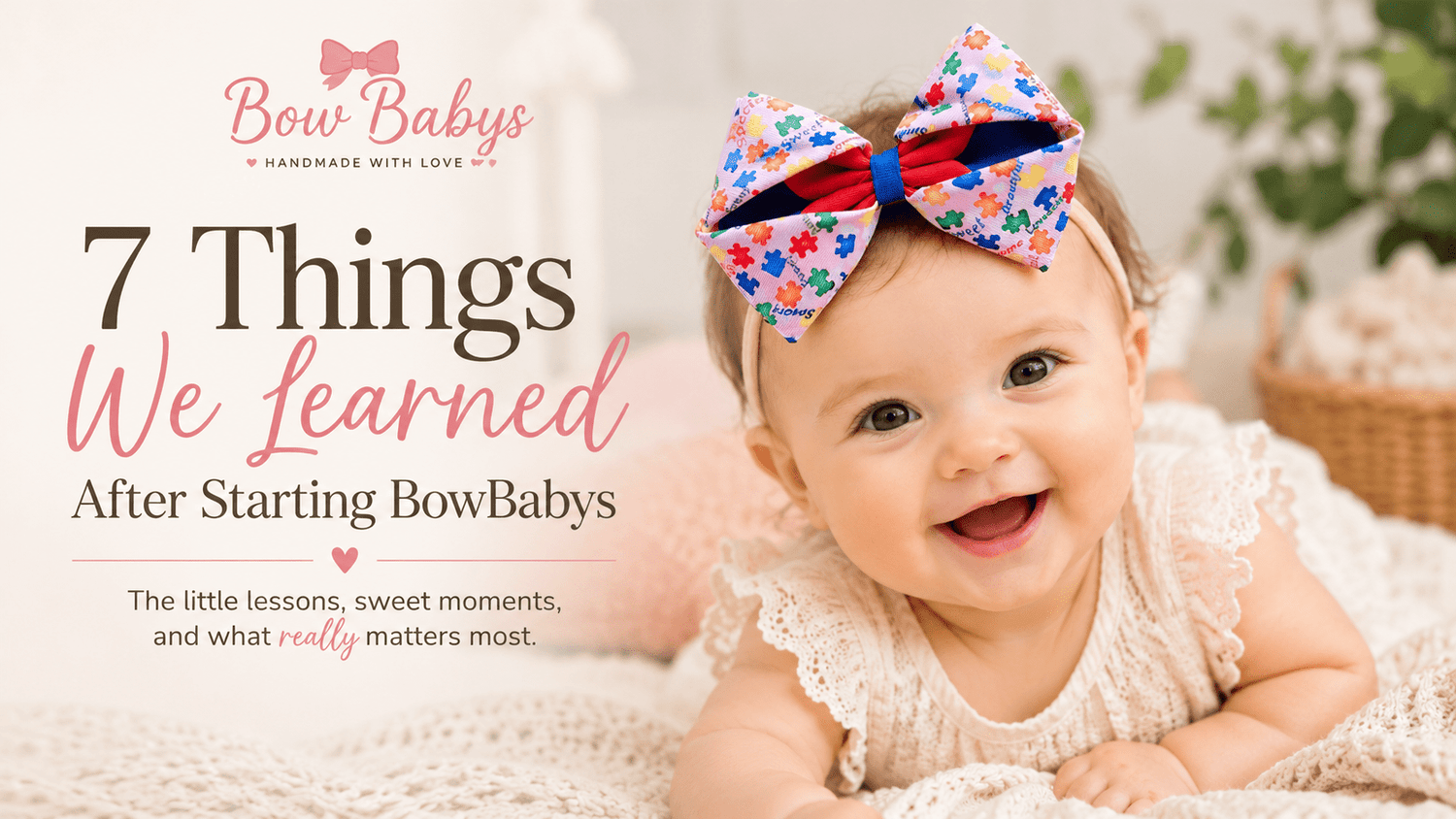 Smiling baby girl wearing a colorful handmade autism awareness puzzle piece bow headband from BowBabys.