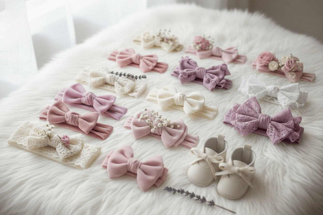 A variety of beautiful bows laying on a white furry blanket