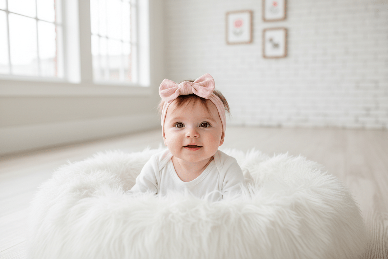 Baby wearing pastel pink headband during photo shoot