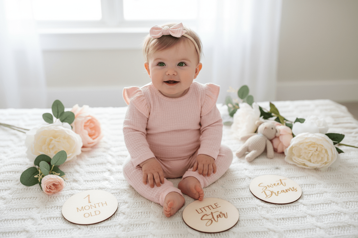 Baby sitting on a white tabletop, surrounded by Handmade bows