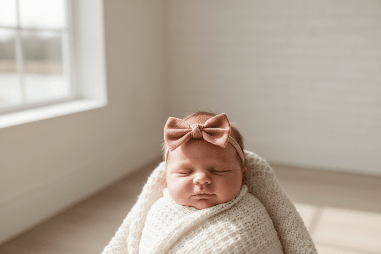 Newborn baby with pink bow
