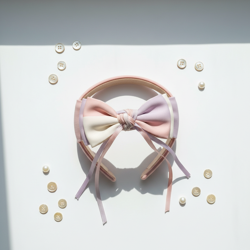 Pinkish headband with buttons in a white background