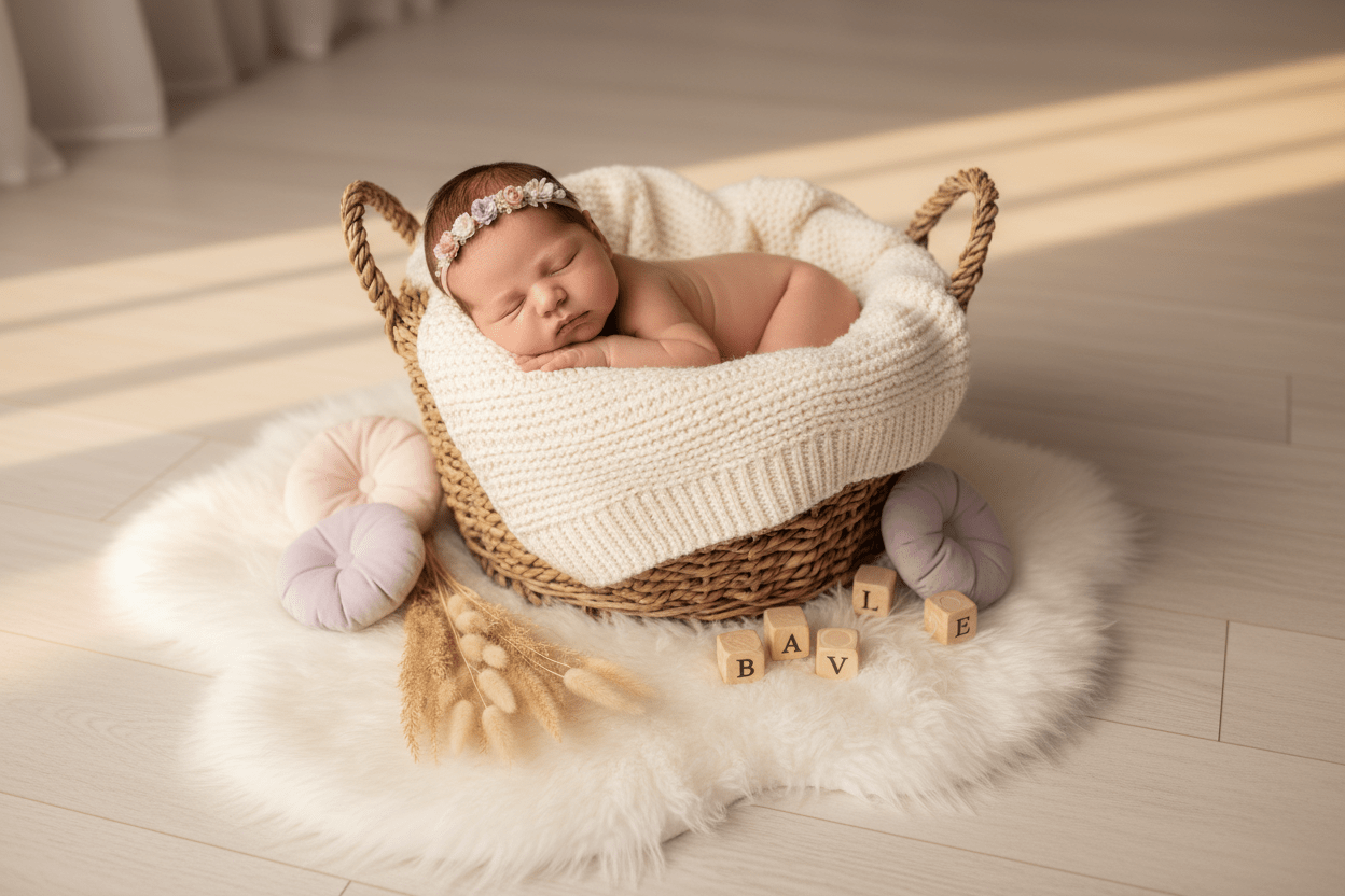 Photo Props Basket with an child posing inside of it laying on a furry blanket