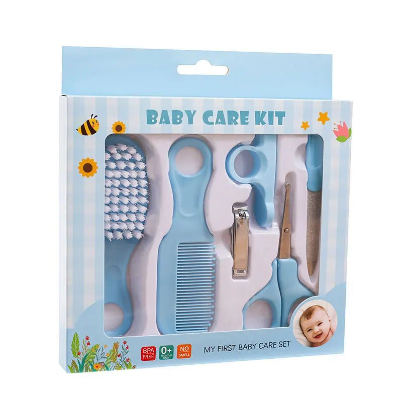 Baby care kit packaging with tools and branding on a white background