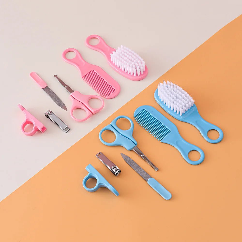 Set of grooming tools including brushes, scissors, and nail clippers on a two-tone background
