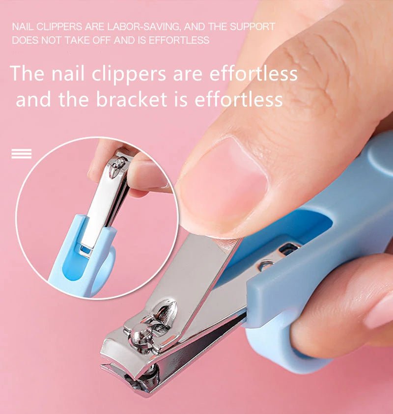 Nail clipper being used on a finger with text highlighting its features on a pink background