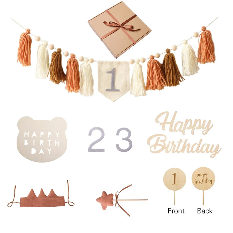 Collection of birthday-themed decorations including tassel garlands, number banners, and cake toppers on a white background.