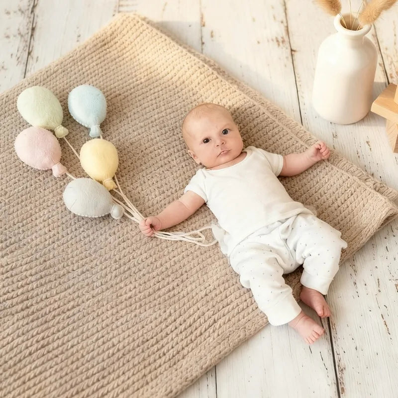 Baby lying on a textured blanket holding colorful balloon toys in a cozy room.