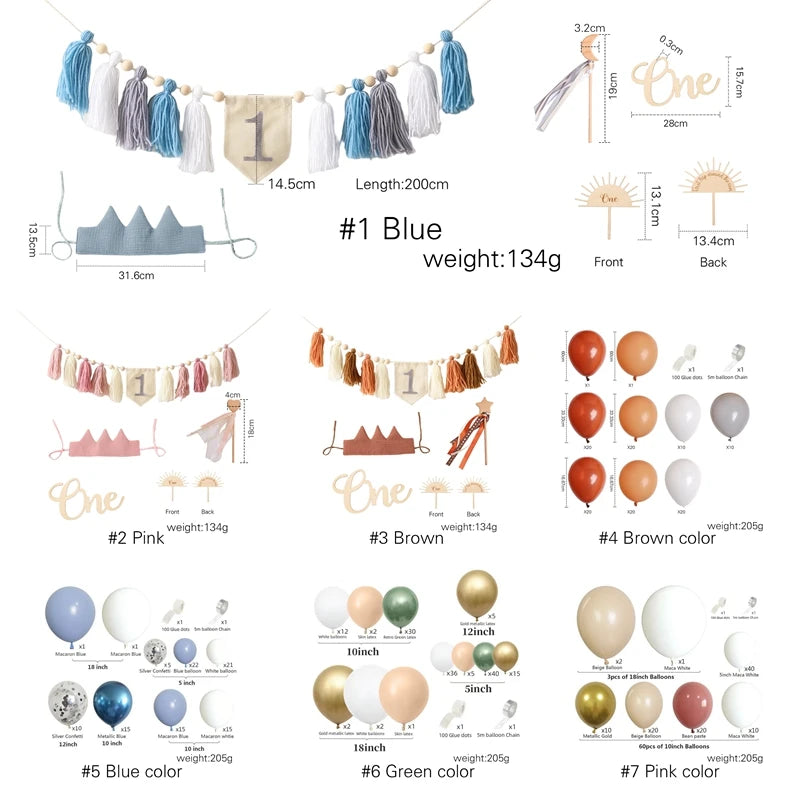 Collection of party decorations including tassel garlands, balloons, and crowns with measurements and weights.