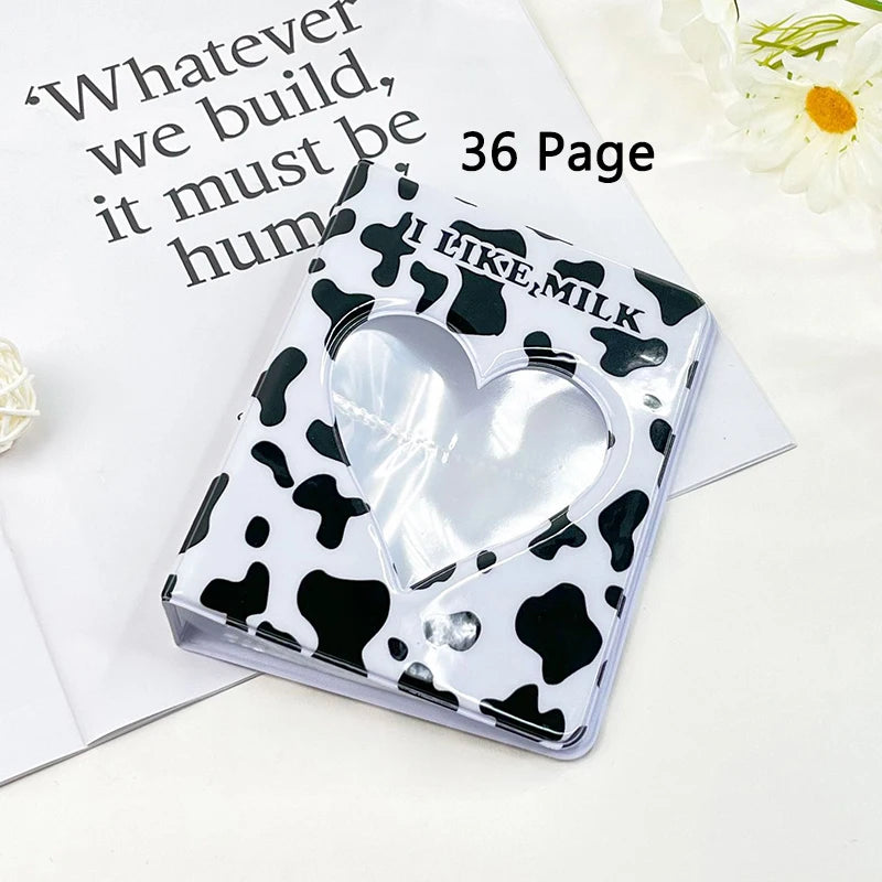 Clear case with cow print and heart shapes on a white surface with text overlay.