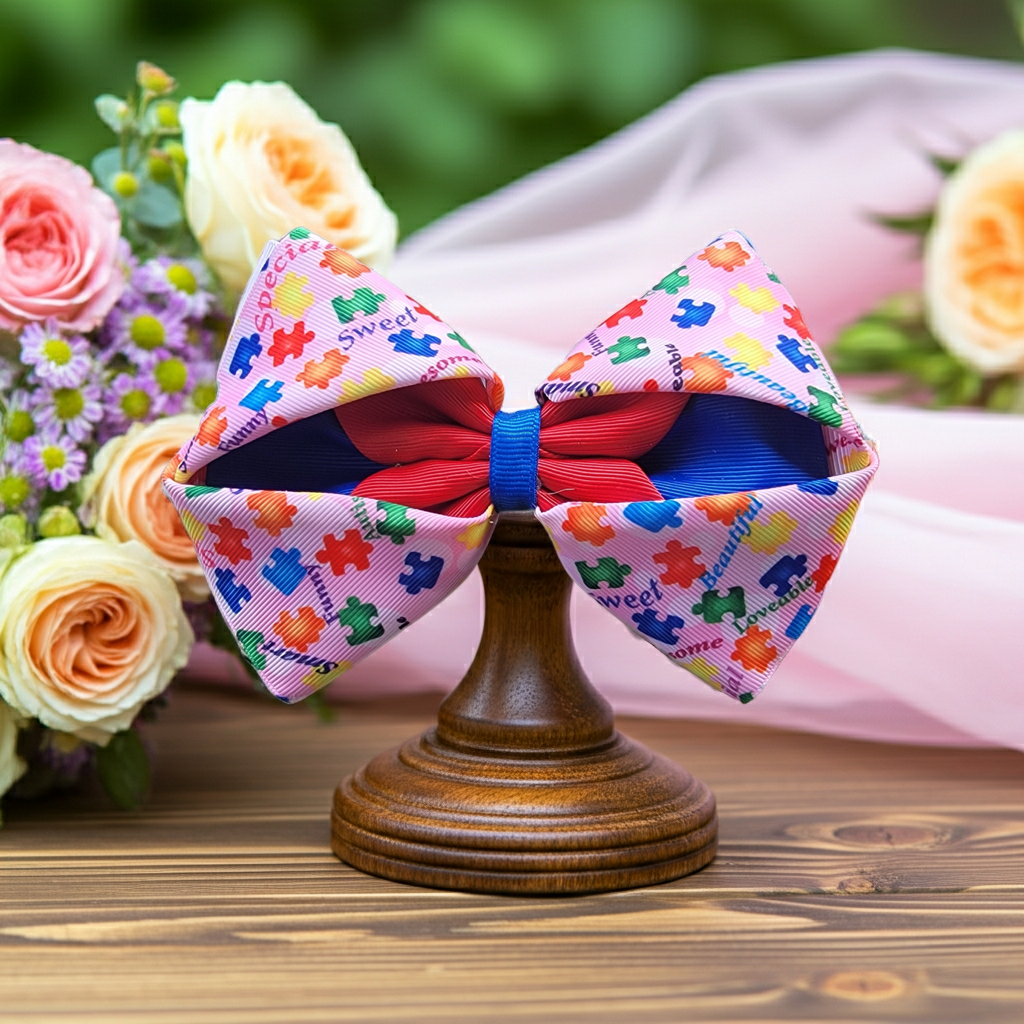 Autism Awareness Puzzle Piece Hair Bow – Large Boutique Bow - BowBabys