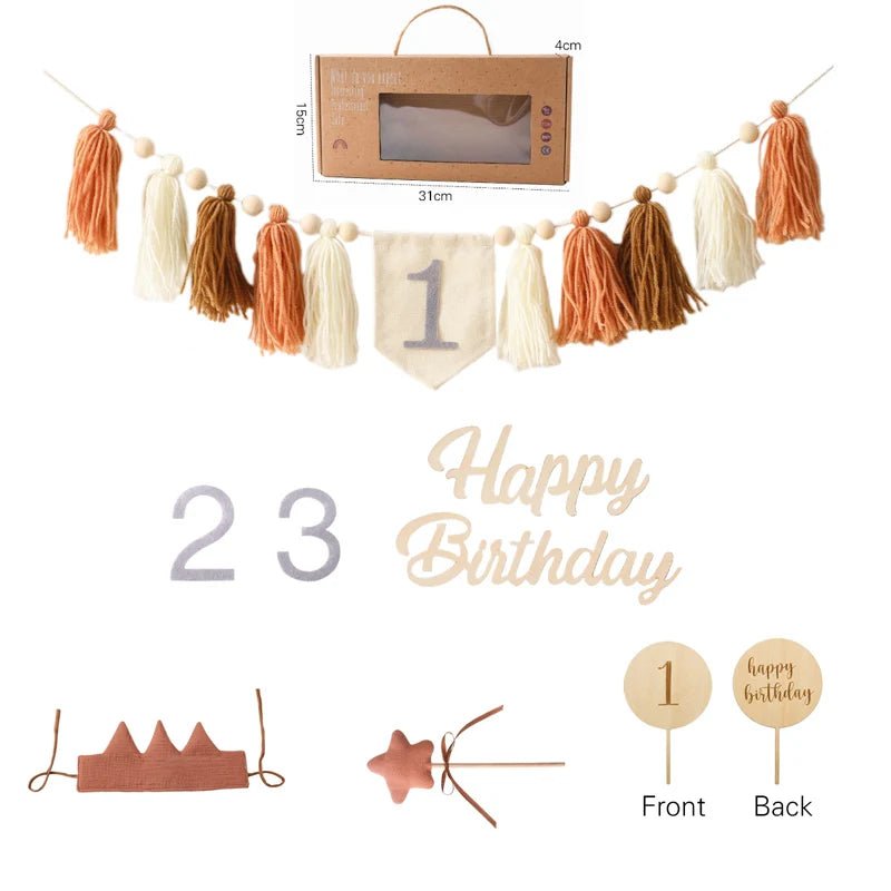 Birthday-themed decorative items including tassel garlands, number banners, and cake toppers on a white background.