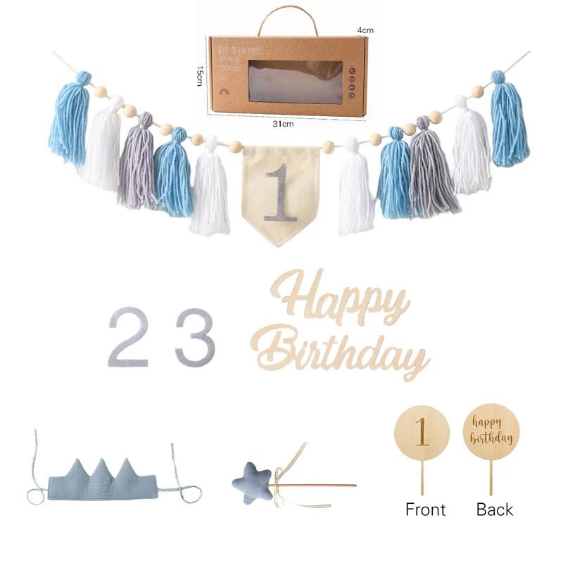 Collection of birthday-themed decorations including tassel garlands, number banners, and photo frames on a white background.