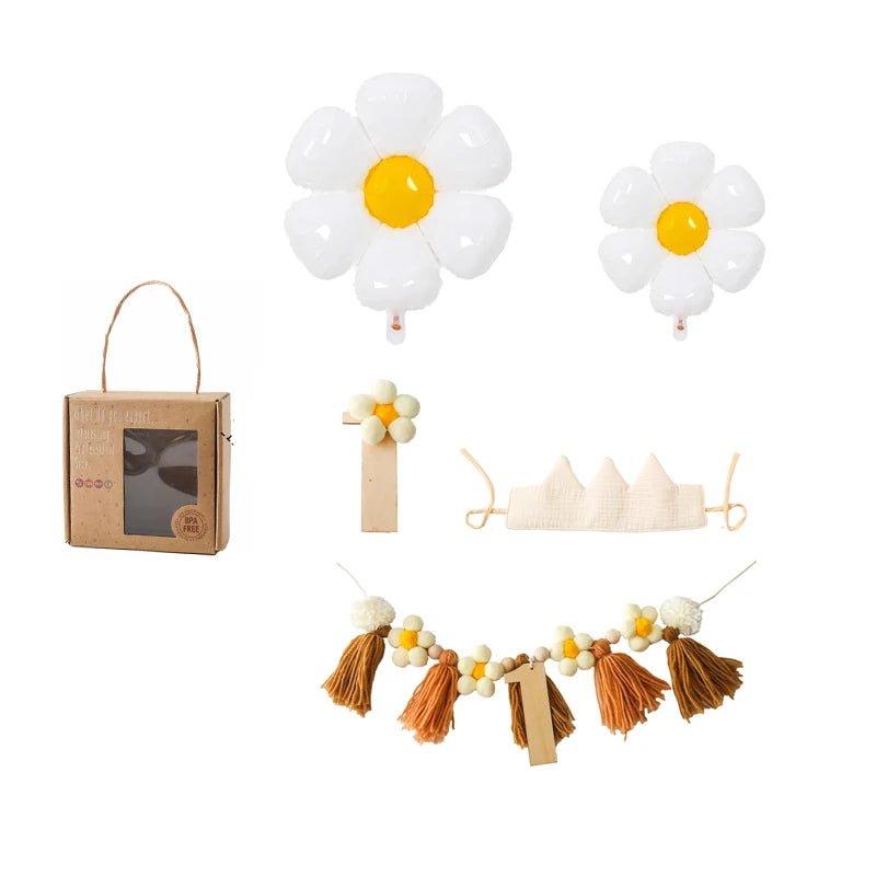 Decorative items including balloon flowers, a crown, and a tassel garland on a white background.