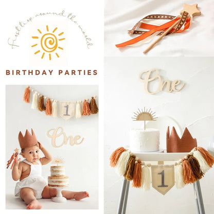 Collage of birthday party decorations with &