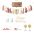Collection of birthday-themed decorations including a tassel banner, number flags, and cake toppers on a white background.