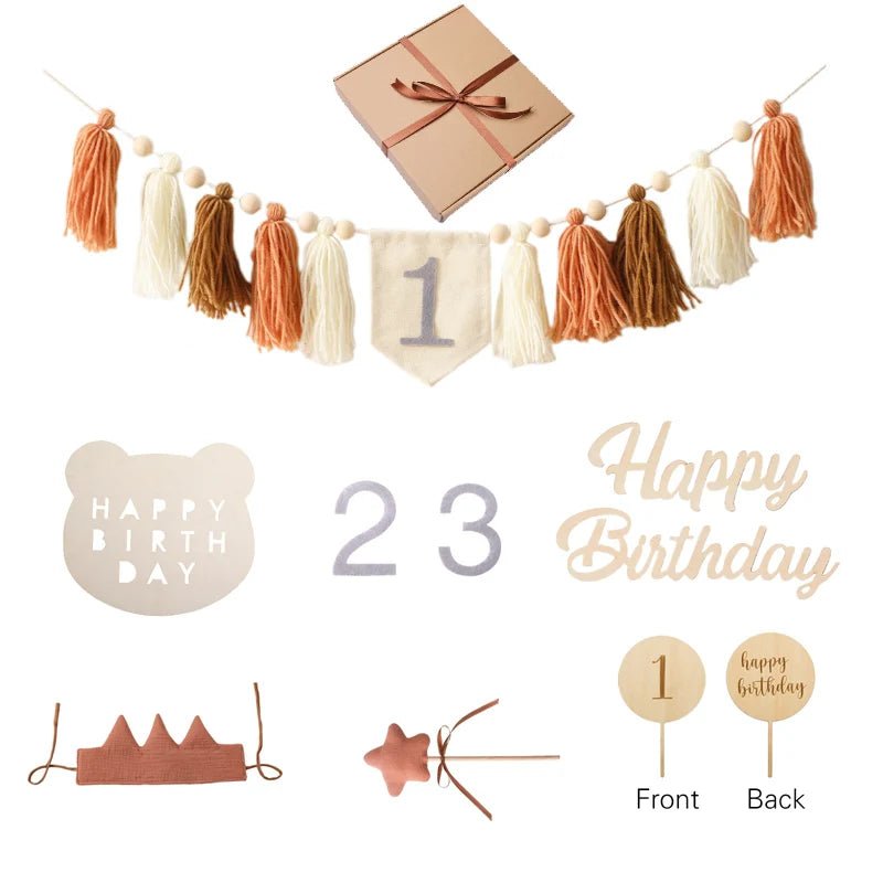 Collection of birthday-themed decorations including tassel garlands, number banners, and cake toppers on a white background.