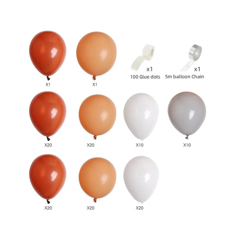 Balloon set with red, orange, and white balloons, glue dots, and a balloon chain on a white background.