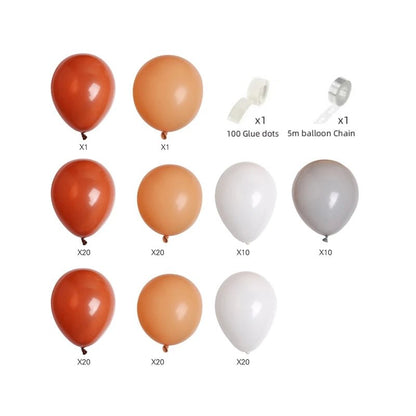 Balloon set with red, orange, and white balloons, glue dots, and a balloon chain on a white background.