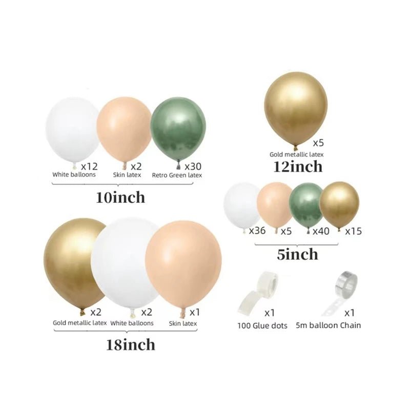 Balloon types and quantities with sizes on a white background