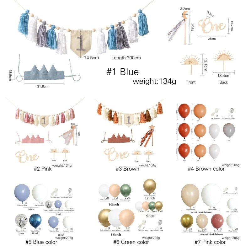 Collection of party decorations including tassel garlands, balloons, and crowns with measurements and weights.