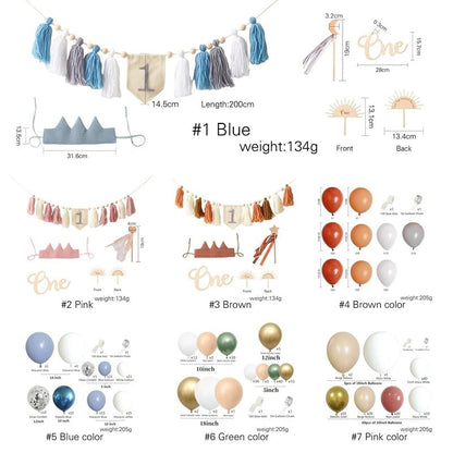 Collection of party decorations including tassel garlands, balloons, and crowns with measurements and weights.