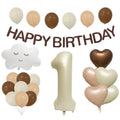 Birthday balloon set with 'Happy Birthday' text, cloud-shaped balloon, number 1 balloon, and heart-shaped balloons in beige, brown, and white.