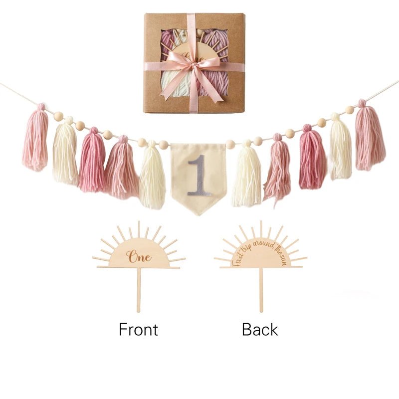Decorative tassel banner with a number one and gift box on a white background