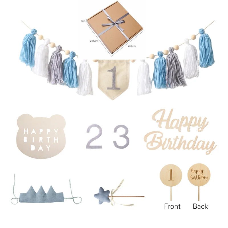 Collection of birthday-themed decorations including tassel garlands, number banners, and themed accessories.