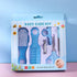 Baby care kit packaging with blue tools on a light blue background