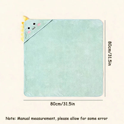 Light blue hooded towel with cartoon character dimensions on a white background