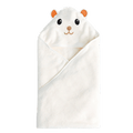 White hooded towel with cartoon hamster face on a white background