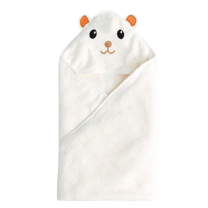 White hooded towel with cartoon hamster face on a white background