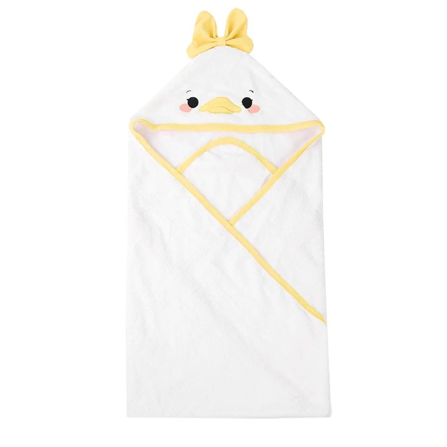 White hooded towel with duck design and yellow trim on a white background