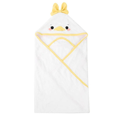 White hooded towel with duck design and yellow trim on a white background