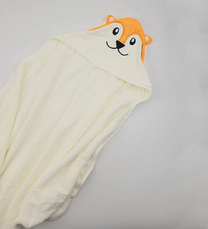 White hooded towel with a cartoon dog face on a gray background