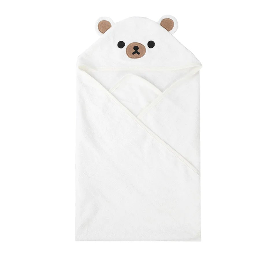 White baby blanket with bear face design on a white background