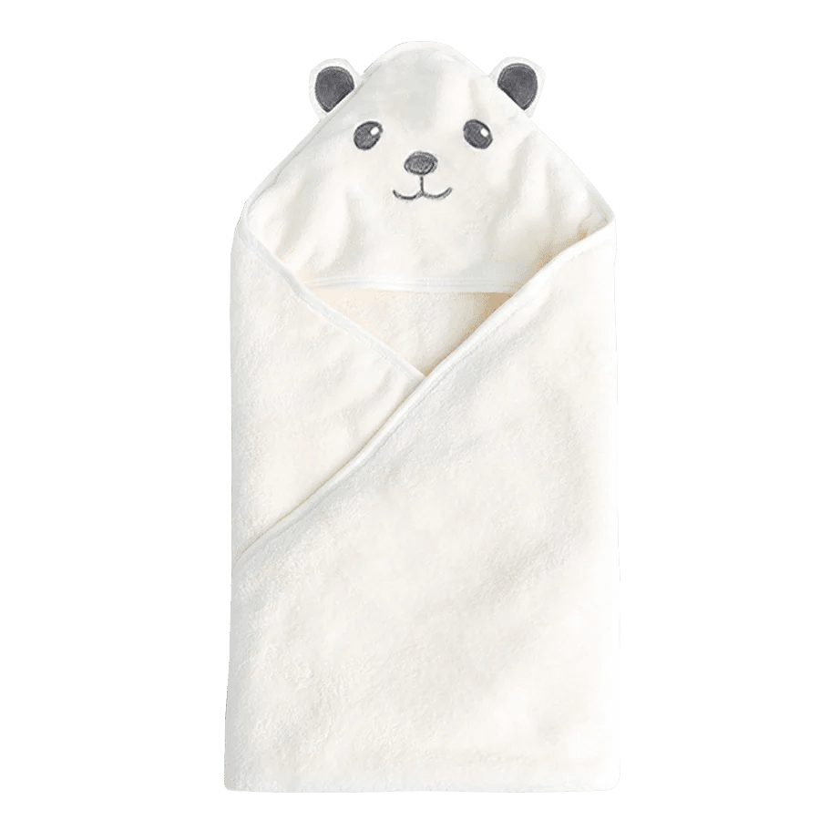 White baby towel with bear face design on a white background