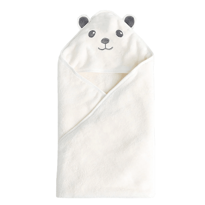 White baby towel with bear face design on a white background