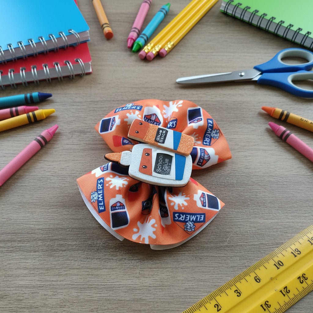 An orange hair bow featuring a Schreyvogel sticker design and Elmer&