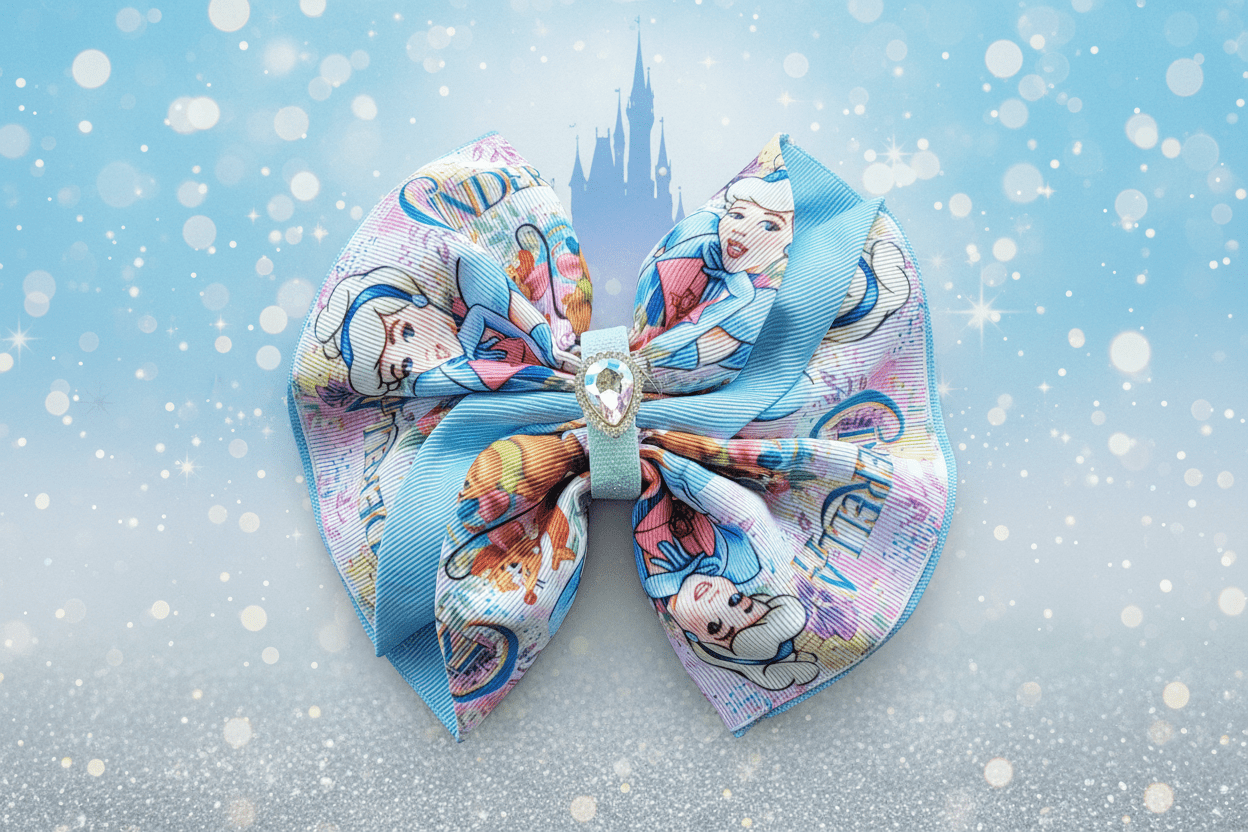 Hero image of Cinderella hair bow on dreamy fairytale background with castle silhouette and magical sparkles