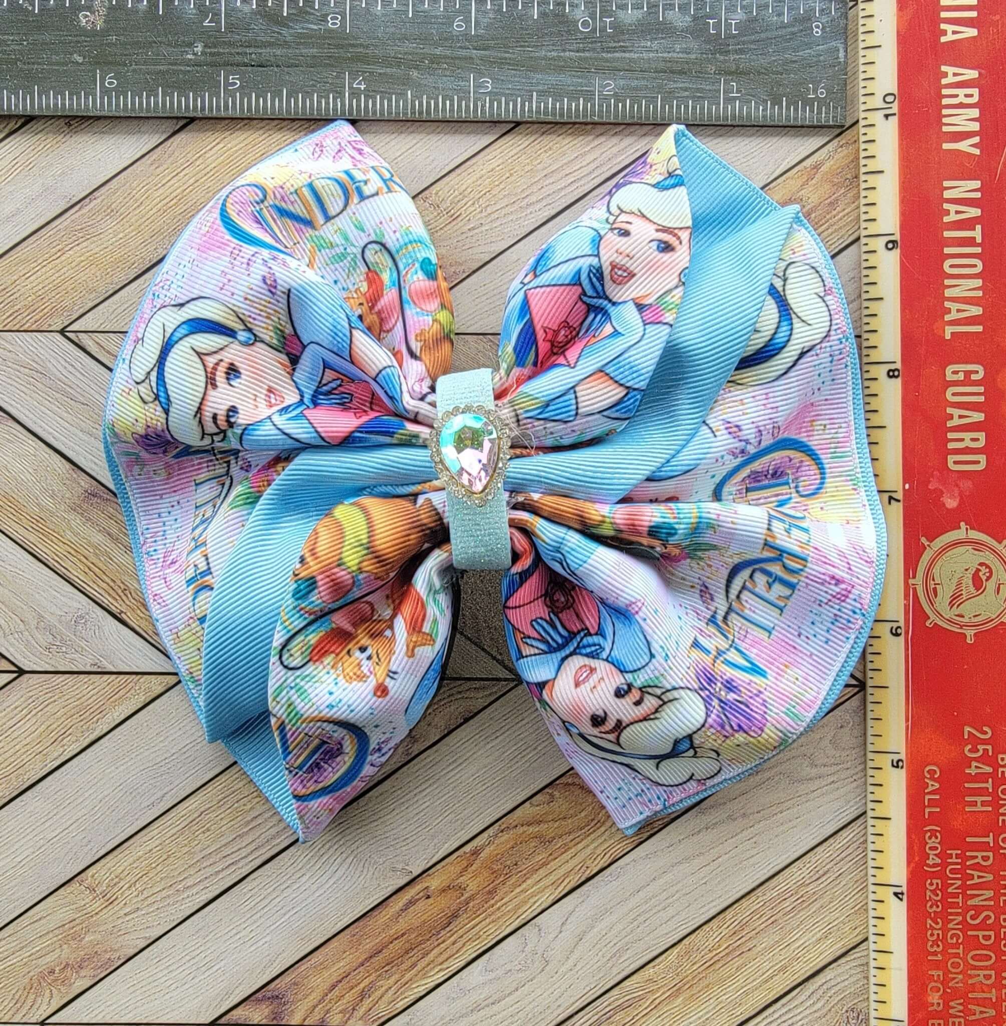 Cinderella Hair Bow – Large 7" Blue Grosgrain Ribbon Clip with Rhinestone - BowBabys
