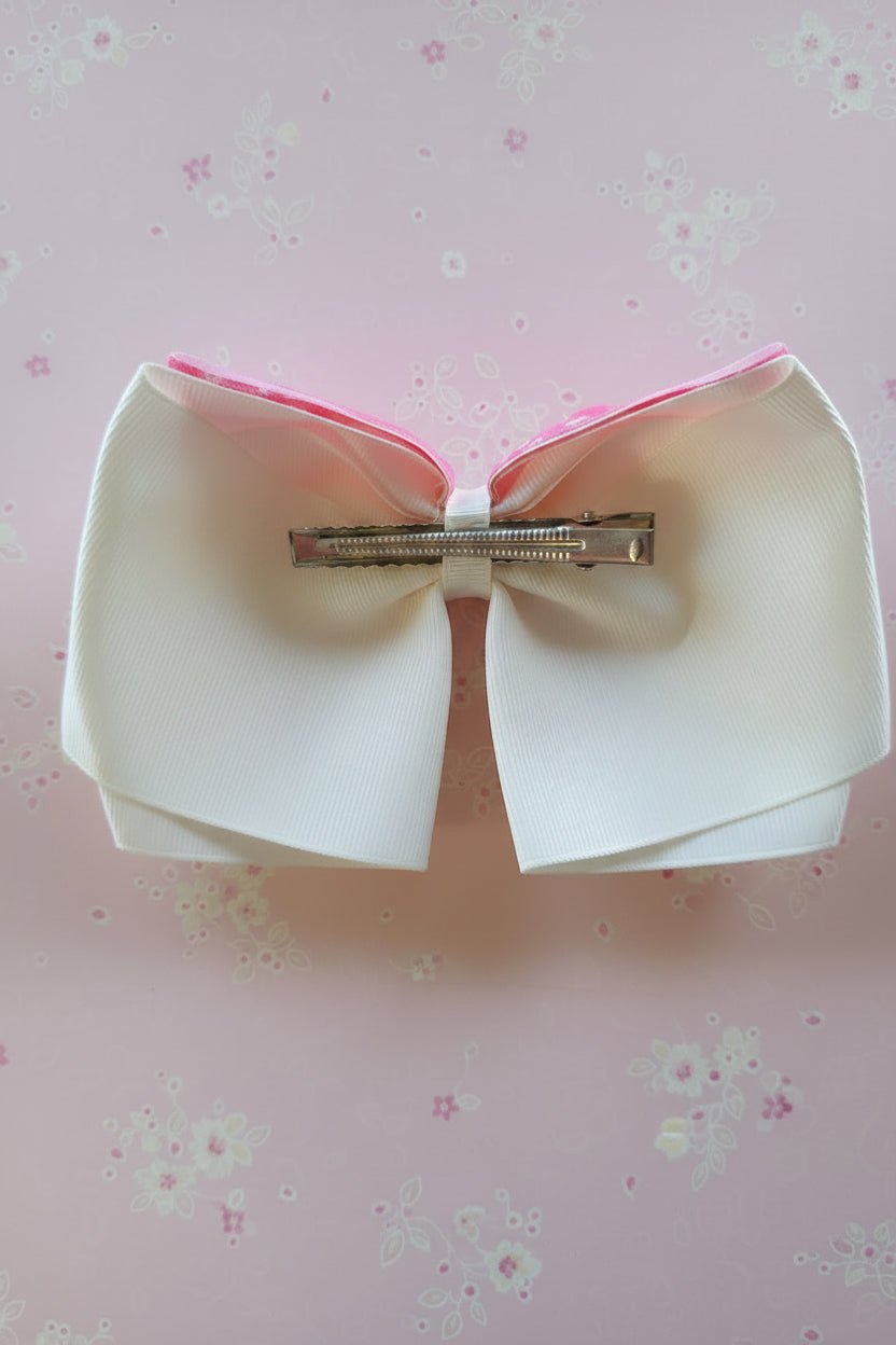 A cream-colored fabric hair bow with pink ribbon trim and a metal claw clip
