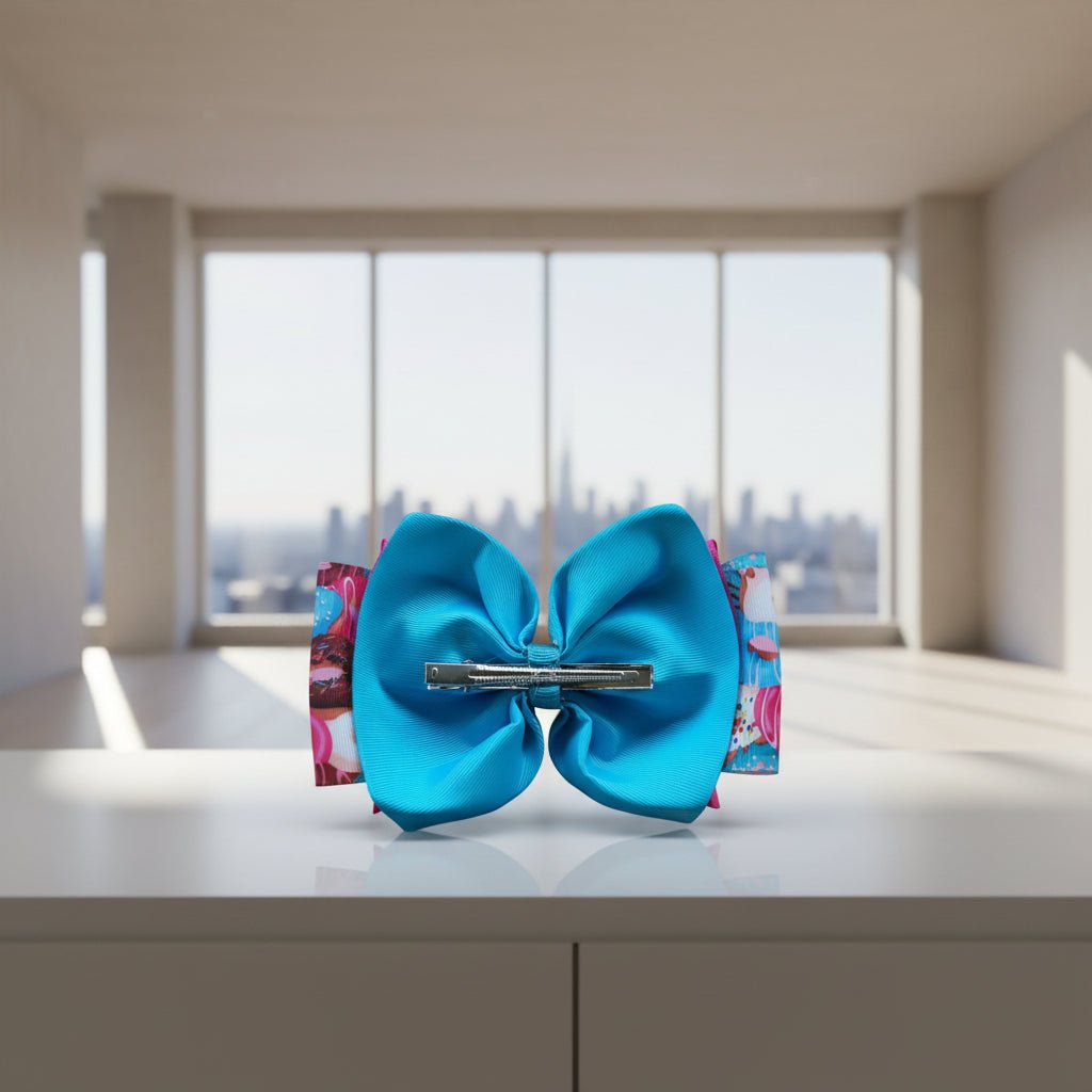 A bright turquoise blue grosgrain ribbon hair bow with a silver metal clip.