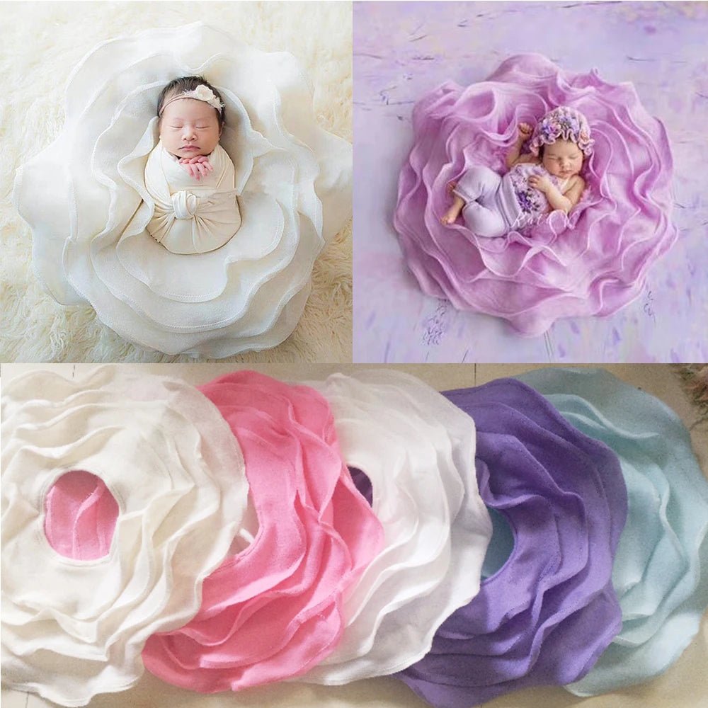 Collage of baby in floral prop with color options displayed below.
