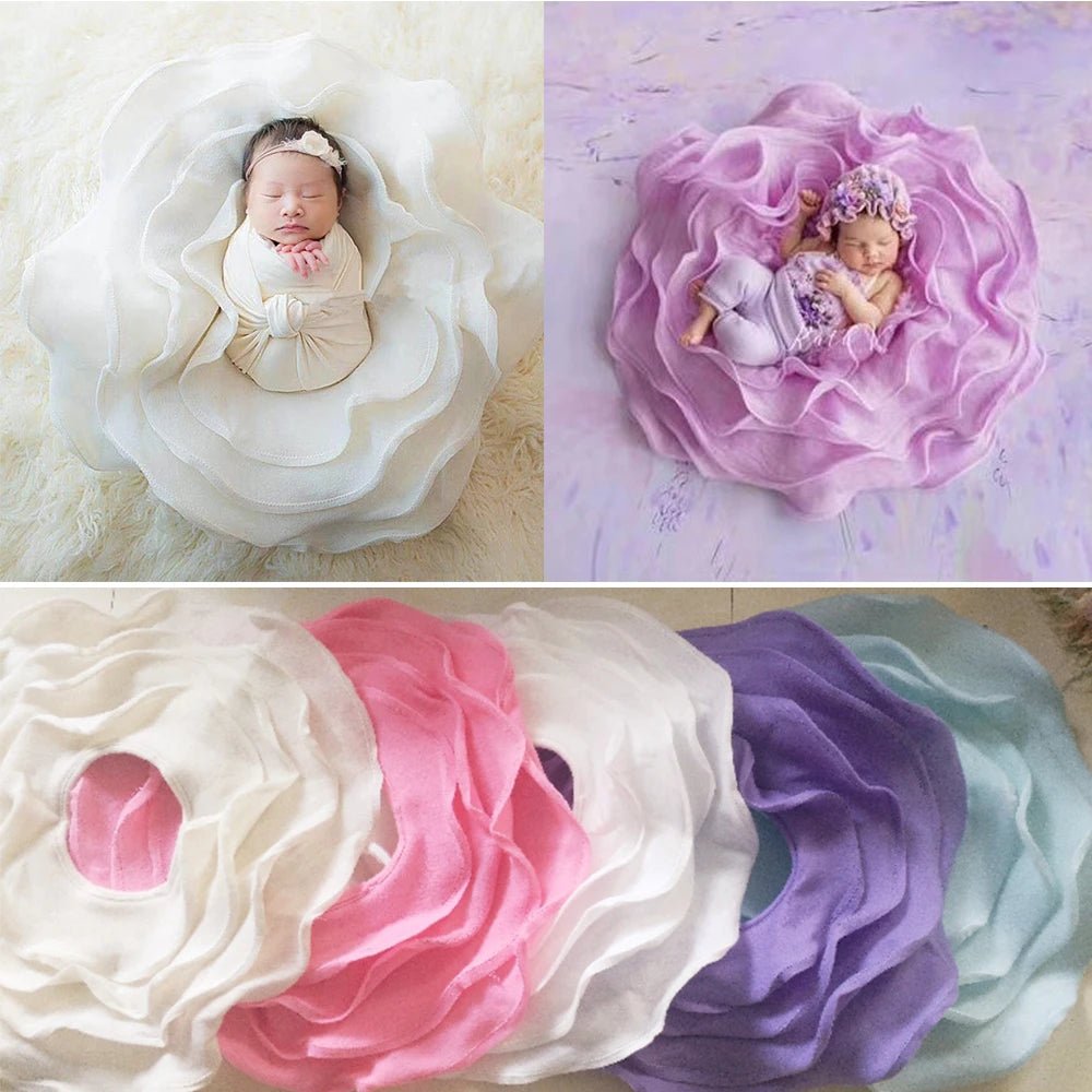 Collage of baby in floral prop with different color options.